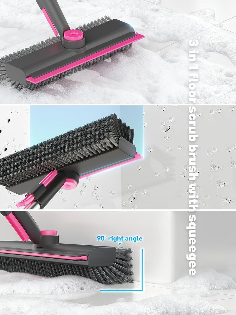 HelpX Floor Scrub Brush with Long Handle, 3 in 1 Multi-angle Swivel Right Angled Bristle Floor Scrubber Brush with Squeegee and Tweezer for Tile Wall Deck Bathroom Patio Garage Kitchen (Pink and Grey) - Image 3